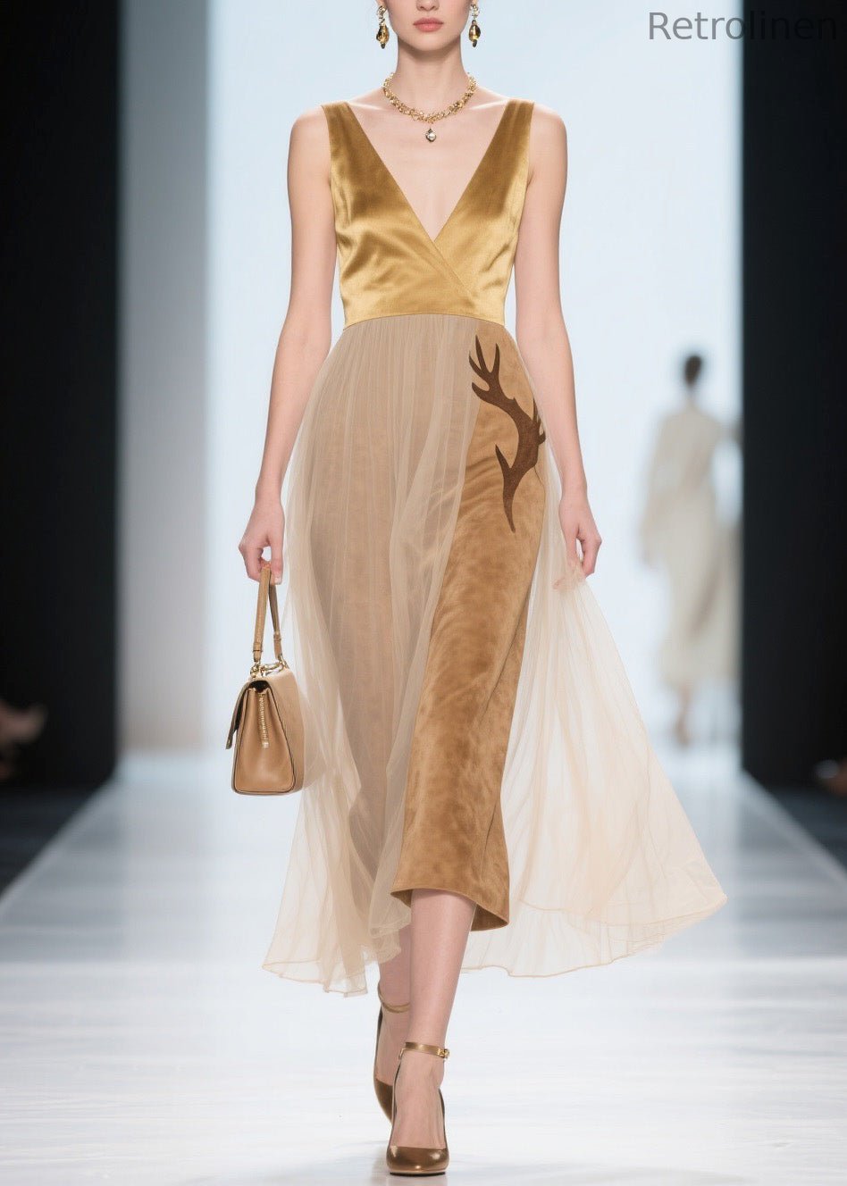 Natural V Neck Tulle Patchwork Silk Velvet Dress Sleeveless