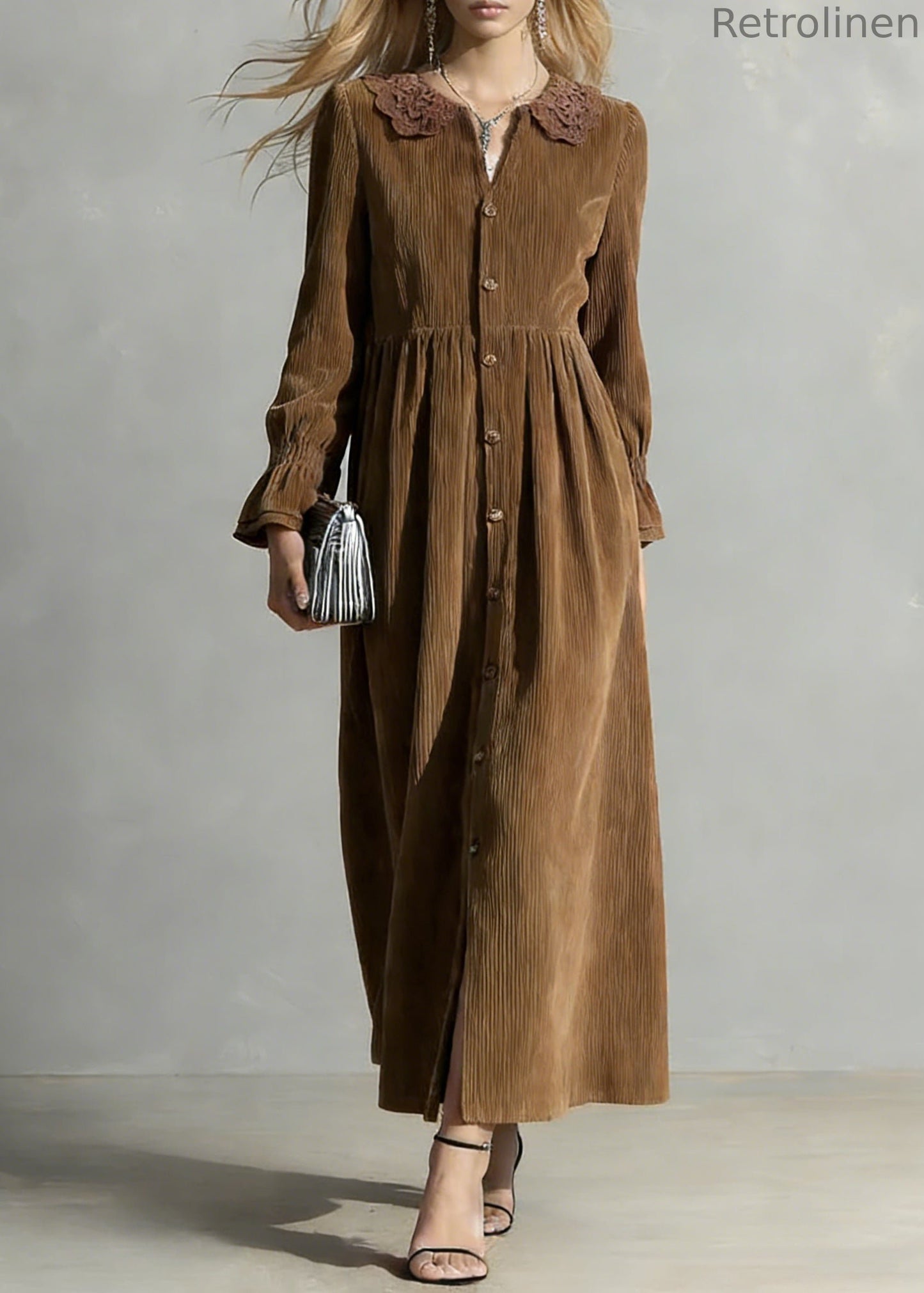 Coffee Button Oversized Corduroy Shirts Dress Peter Pan Collar