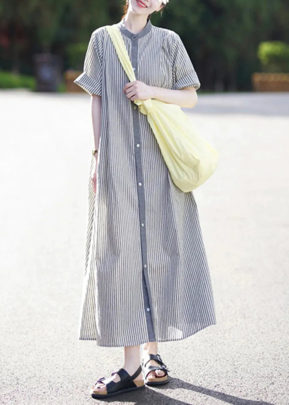 Stand Collar Striped Button Cotton Shirts Dress Summer
