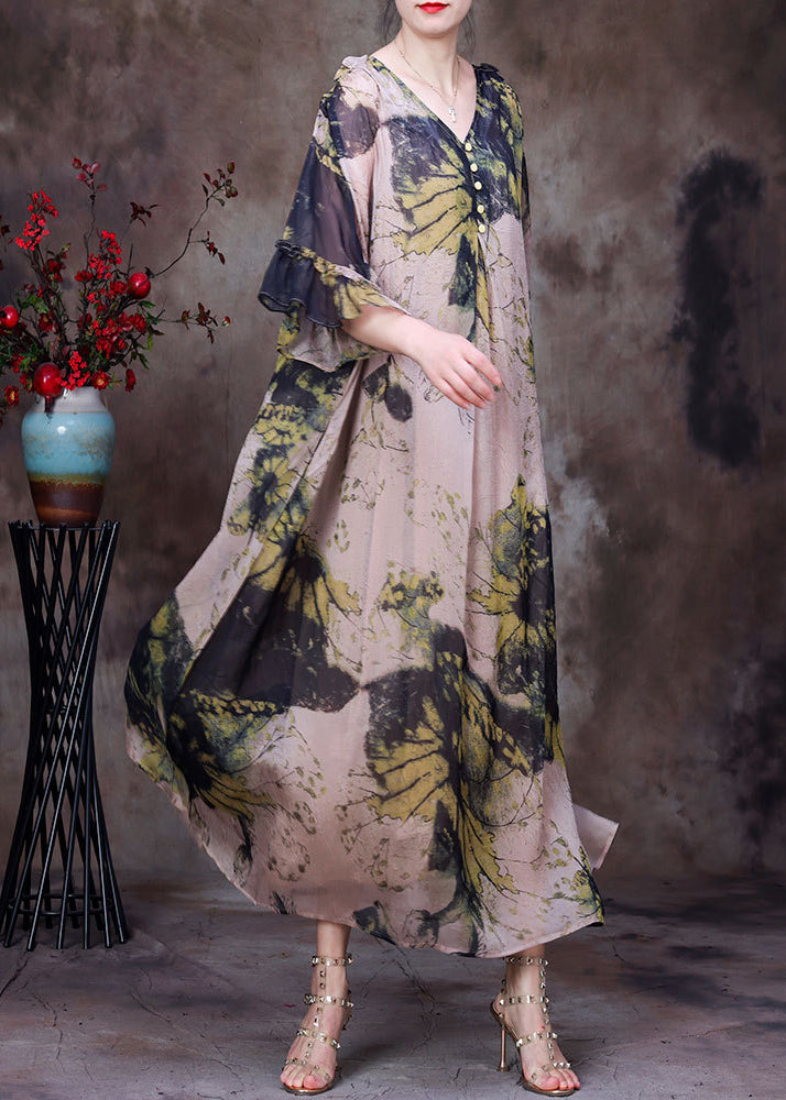 Natural Yellow V Neck Print Chiffon Long Dress and Cotton Spaghetti Strap Dress Sets 2 Pieces Half Sleeve