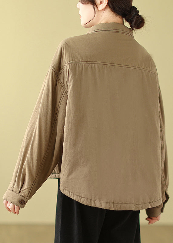 Army Green Peter Pan Collar Pockets Fine Cotton Filled Jacket Winter