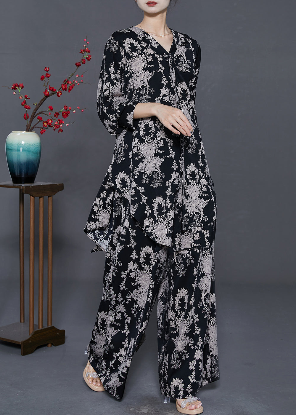Black Print Silk Two Piece Set Clothing Oversized Spring