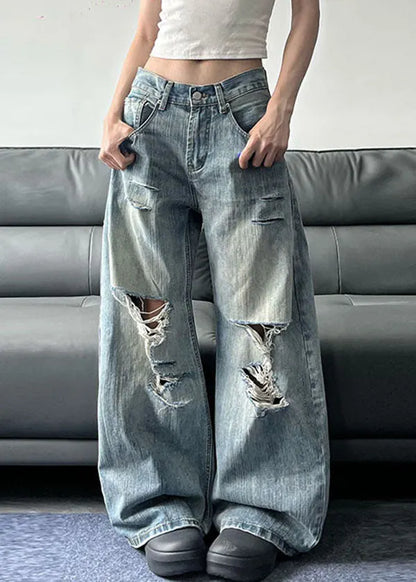 American Style Blue Pockets Denim Ripped Wide Leg Pants Fall