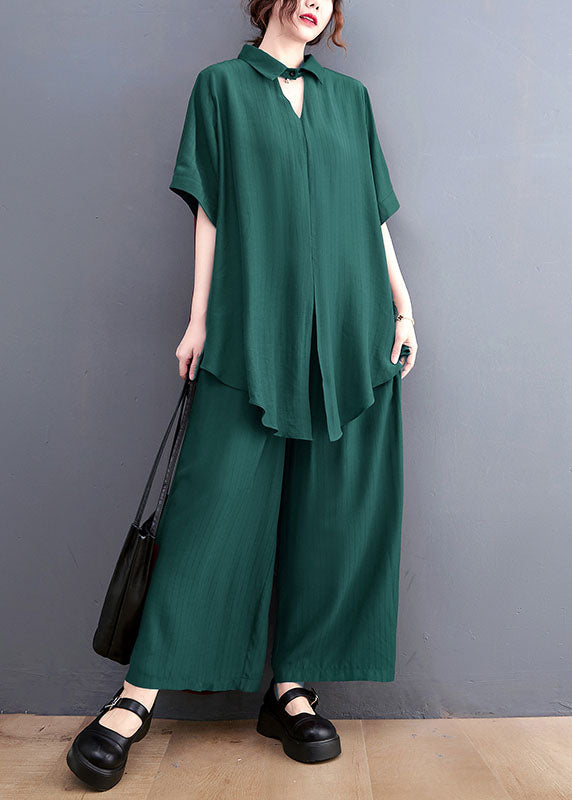 French Green Oversized Side Open Draping Silk Two Piece Set Clothing Summer
