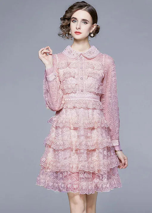 Pink Peter Pan Collar Ruffles Patchwork Mid Dress Long Sleeve