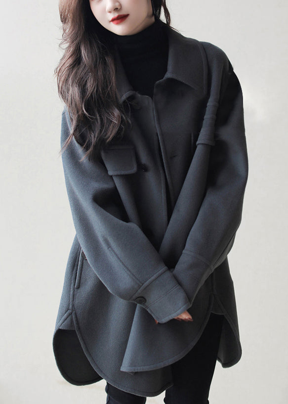Haze Blue Peter Pan Collar Button Pockets Patchwork Side Open Woolen Coats Long Sleeve