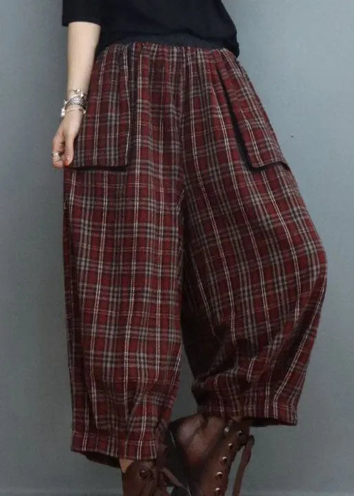 Fitted Red Plaid Pockets Lantern Pants Winter