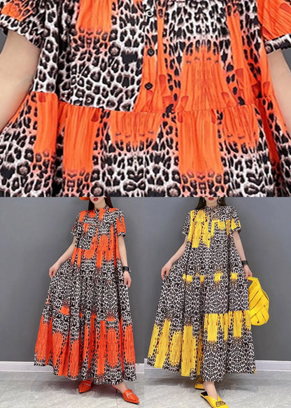 Yellow Print Patchwork Long Dress Short Sleeve