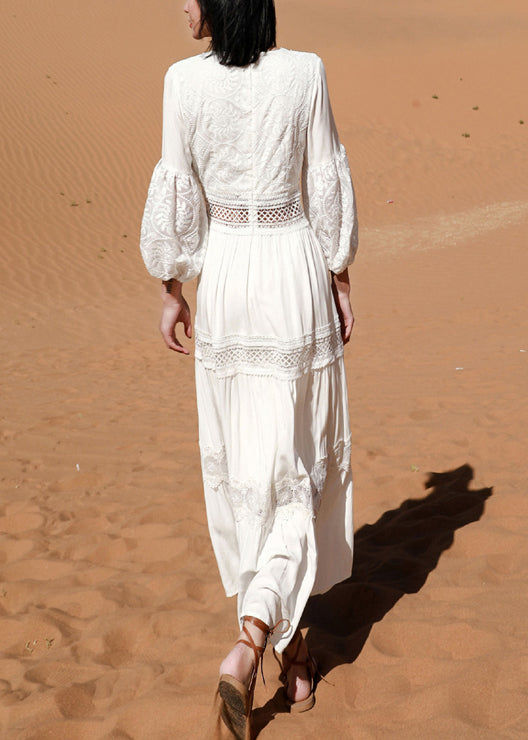 White Lace Hollow Out Long Dress Puff Sleeve
