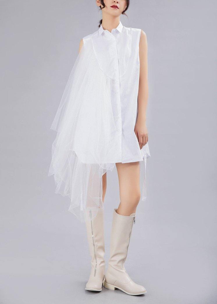 Style White Patchwork Lace Asymmetrical Design Cotton Shirt