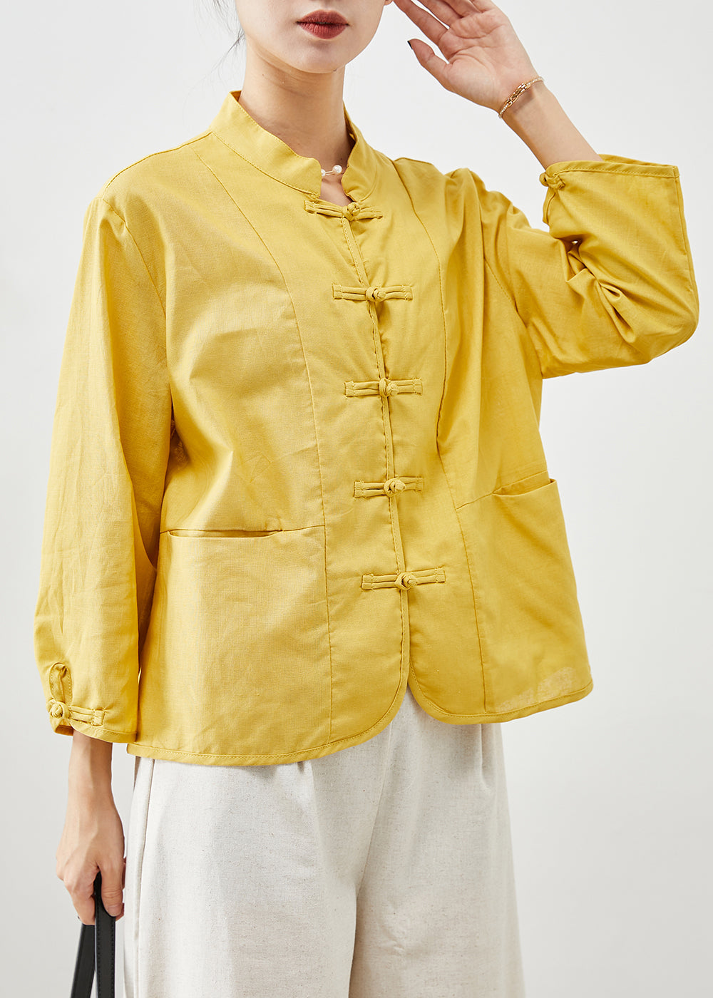 Yellow Stand Collar Chinese Button Cotton Two Pieces Set Fall