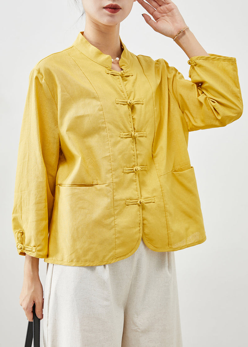 Yellow Stand Collar Chinese Button Cotton Two Pieces Set Fall