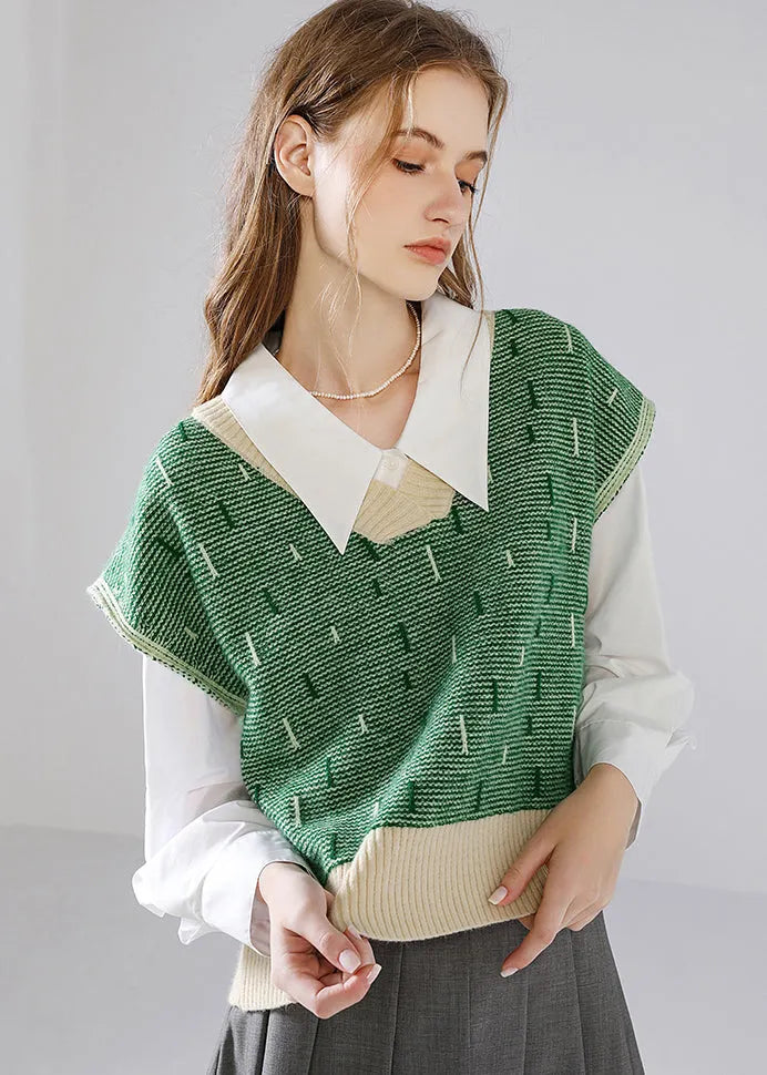 Green V Neck Patchwork Knit Tops Waistcoat Fall