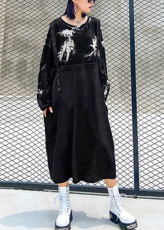 Black O-neck Print Patchwork Sweatshirt Dresses Spring