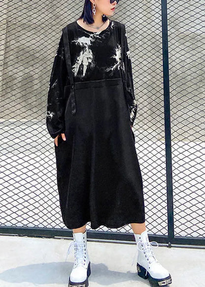 Black O-neck Print Patchwork Sweatshirt Dresses Spring