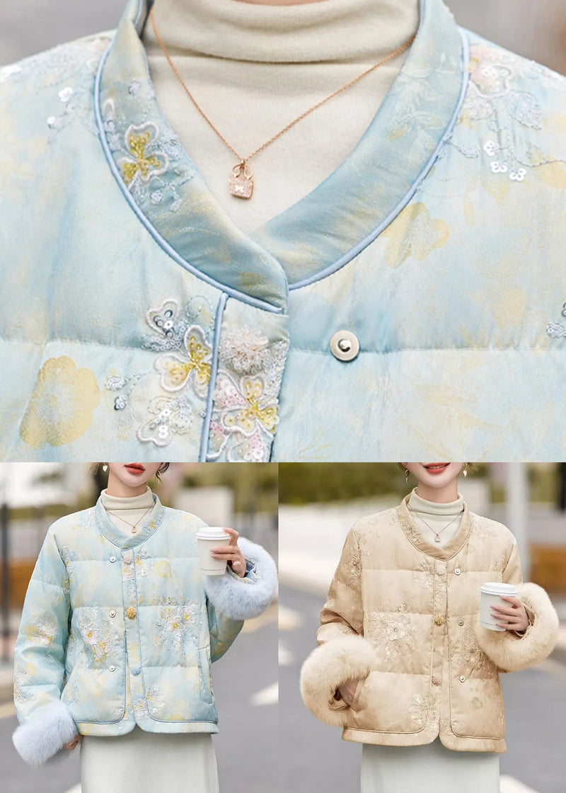 Blue Fur Patchwork Duck Down Down Jacket Embroidered Winter