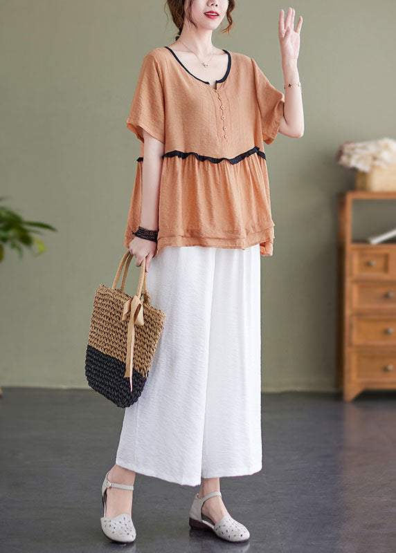 Orange O-neck Patchwork Linen Tops and Wide Leg Pants Two Pieces Set Summer