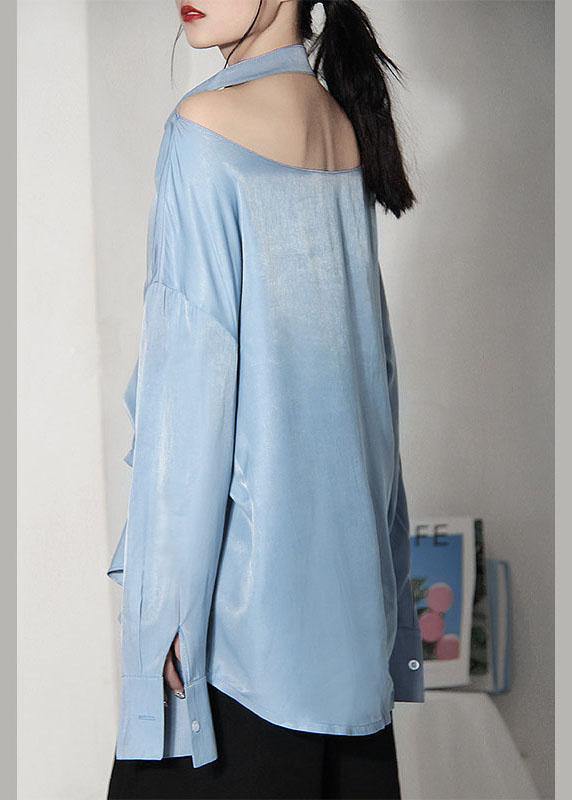 Art Blue Asymmetrical Design Backless Long Sleeve Summer Shirt