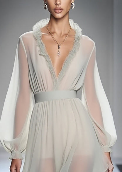 Modern Ruffled Patchwork Chiffon Mid Dress Lantern Sleeve Summer