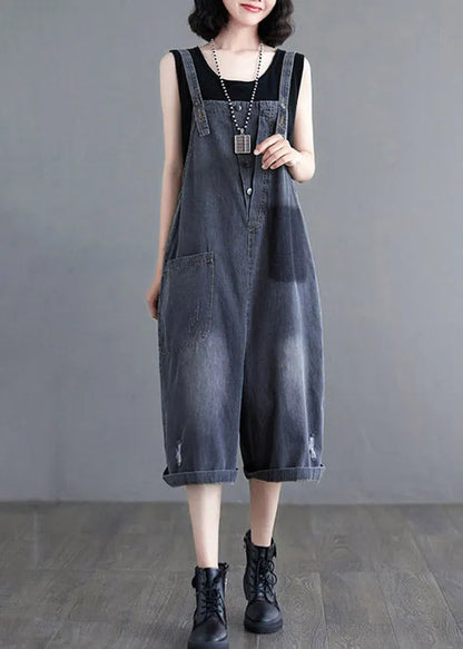 Black High Waist Denim Jumpsuit Sleeveless