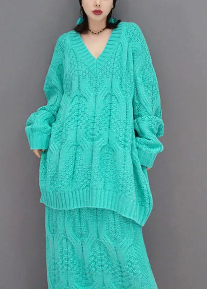Unique Blue V Neck Cable Knit Tops a Line Skirts Two-piece Set Spring