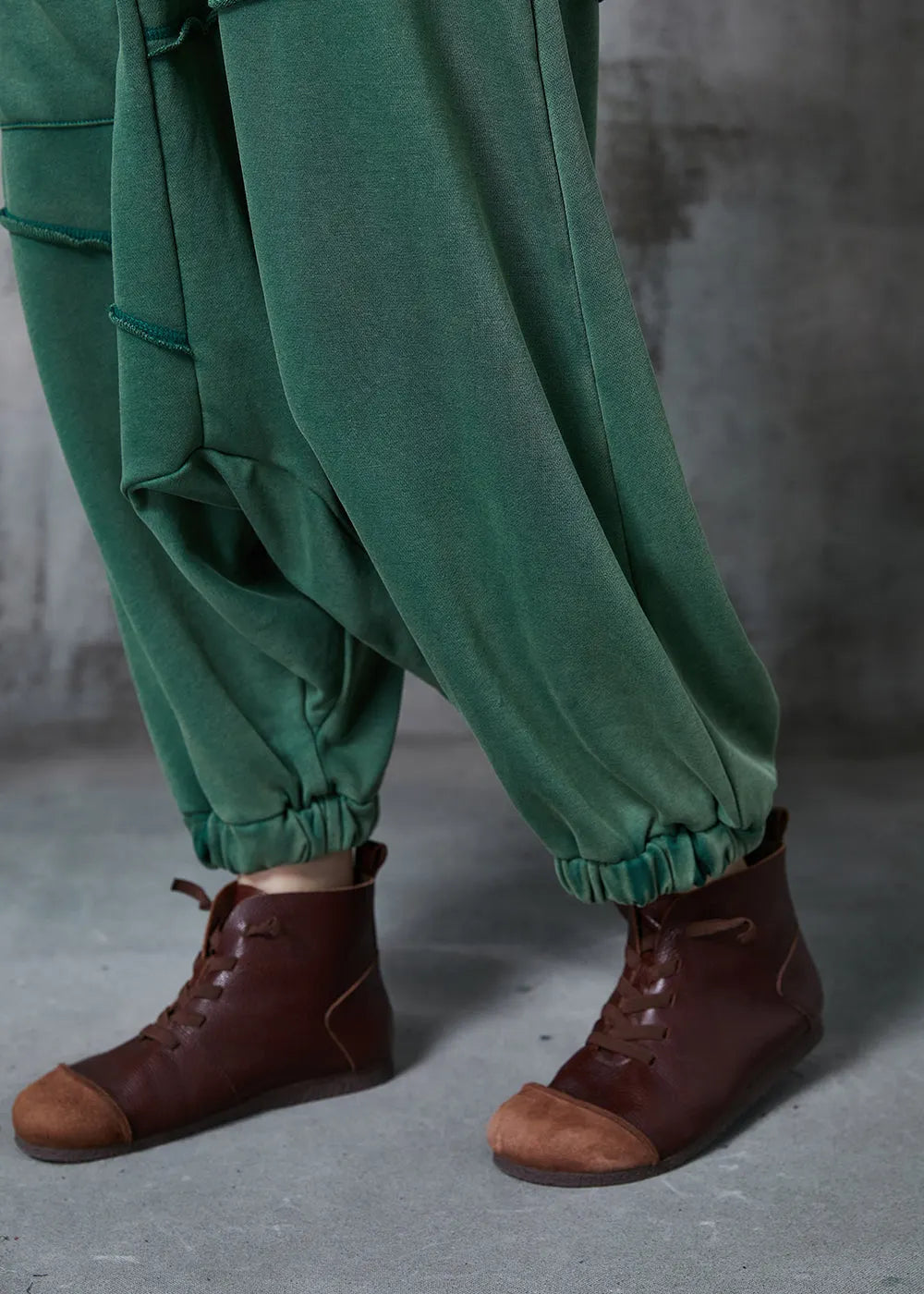 Green Oversized Asymmetrical Cotton Harem Pants Fall
