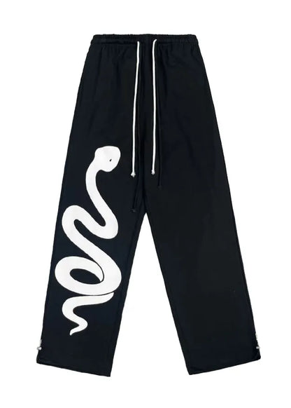 Black Print Elastic Waist Cotton Sport Pants Spring