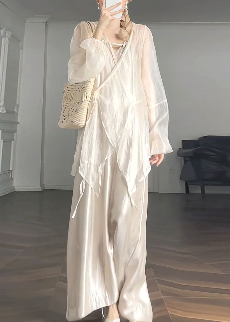 Apricot V Neck Lace Up Silk Two Pieces Set Spring