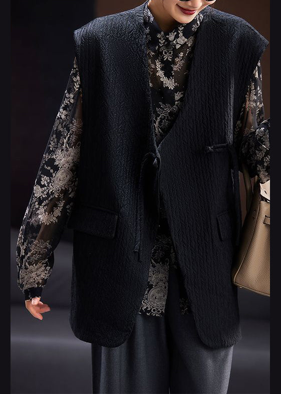 Black V Neck Chinese Button Cotton Waistcoat Sleeveless