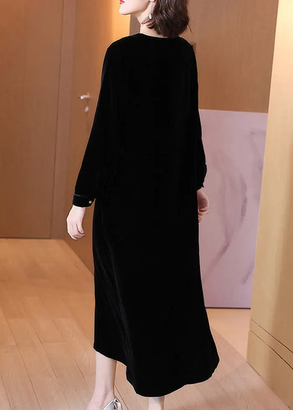 Black High Waist Silk Velour Long Dress V Neck Spring