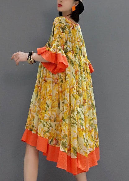Orange V Neck Wrinkled Print Chiffon Dress Flare Sleeve