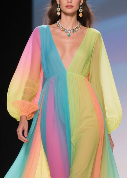Stylish Rainbow High Waist Chiffon Long Dresses Spring