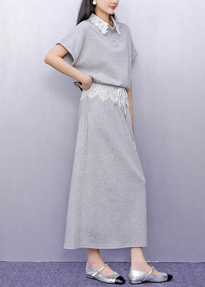 Grey Lace Patchwork Top and Maxi Skirts Two Piece Set Summer