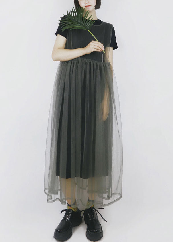 Modern Color Grey O-neck Patchwork Tulle Dress Long Smock Sleeveless Summer