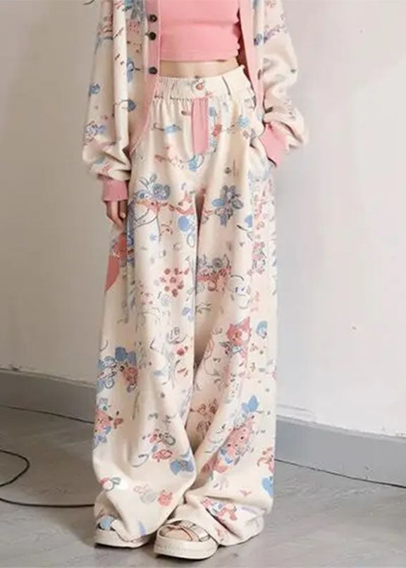 Apricot V Neck Print Coats Vest and Wide Leg Pants Three Pieces Set Long Sleeve