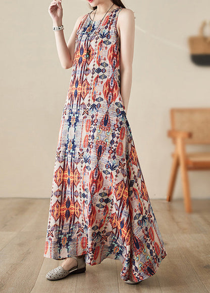 Orange Print Cozy Long Dresses Sleeveless