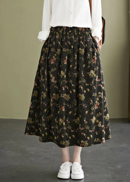 Black Print Cotton a Line Skirt Exra Large Hem Pockets Fall