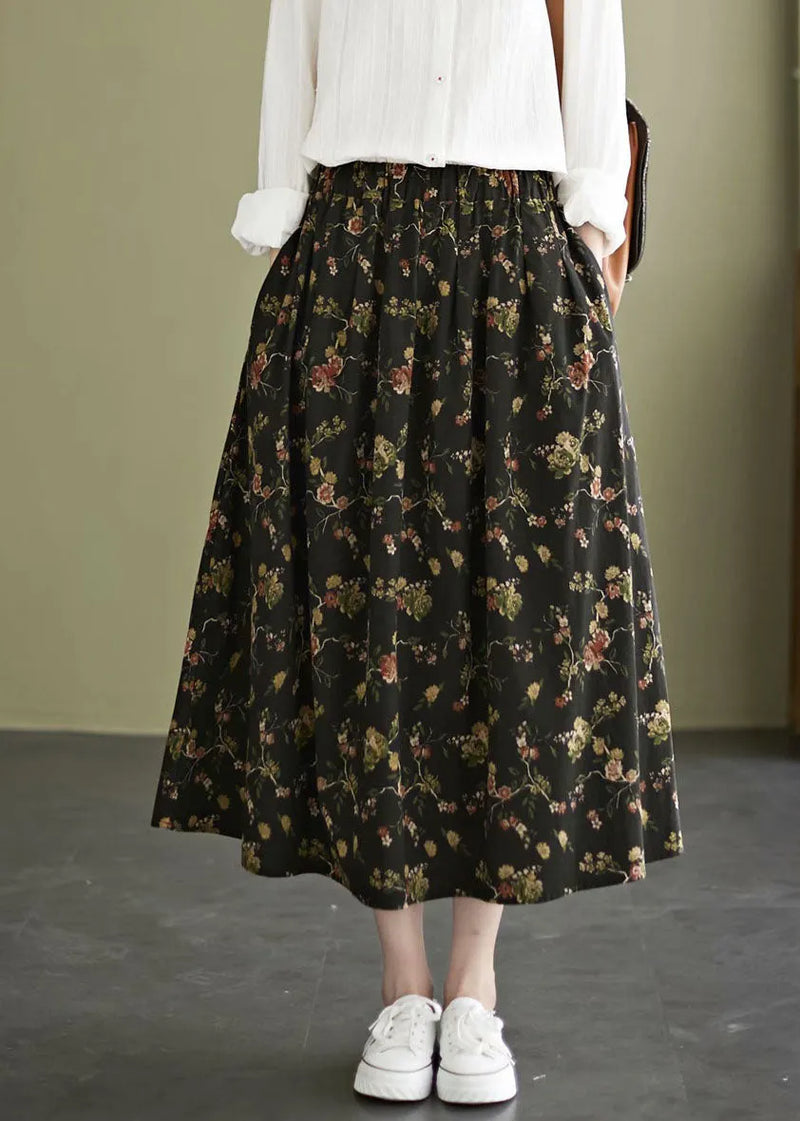Black Print Cotton a Line Skirt Exra Large Hem Pockets Fall