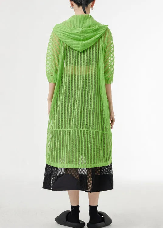 Green Hooded Hollow Out Patchwork Tulle Upf 50+ Coat Half Sleeve