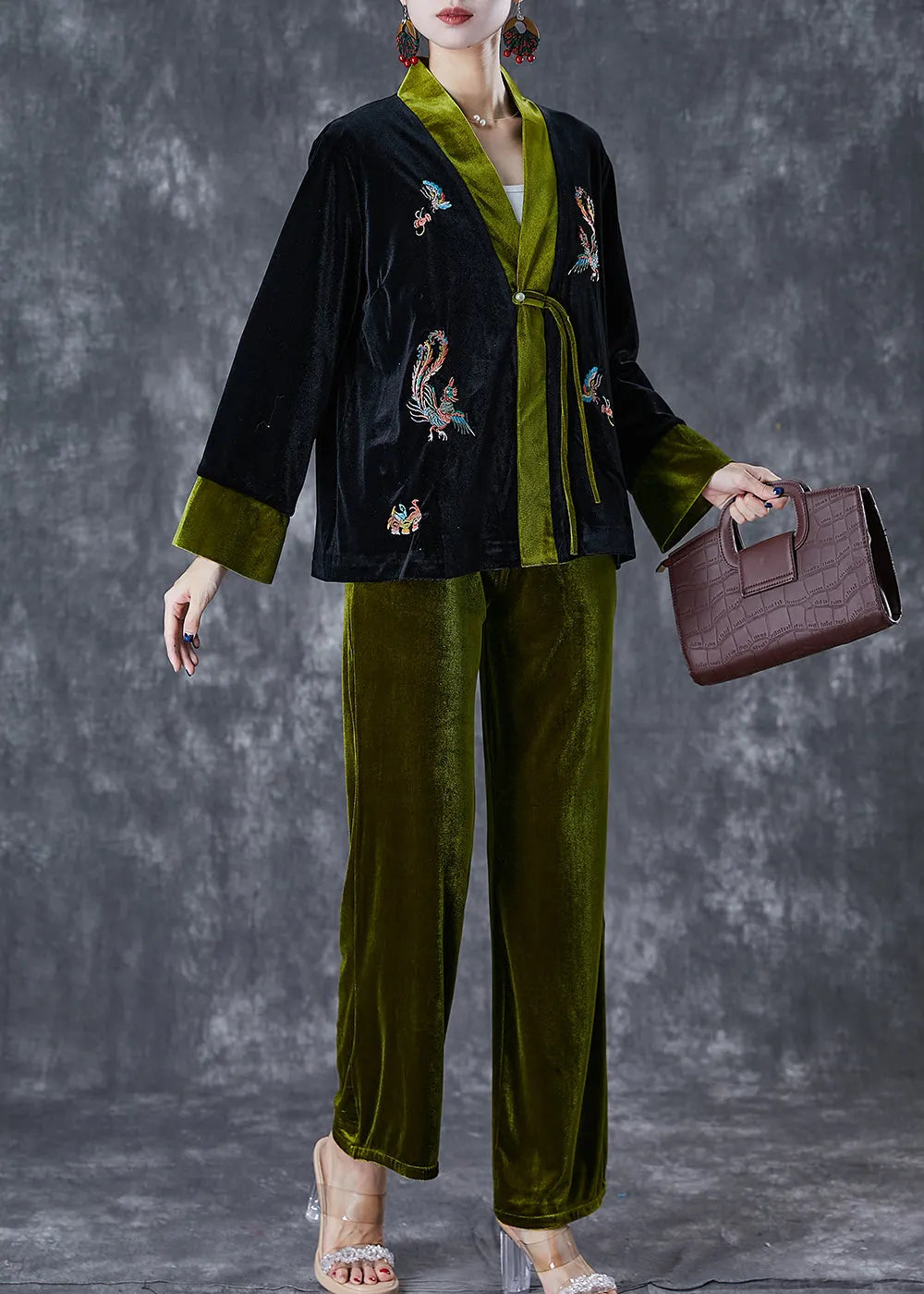 Blackish Green Embroideried Patchwork Silk Velour Two Pieces Set Fall