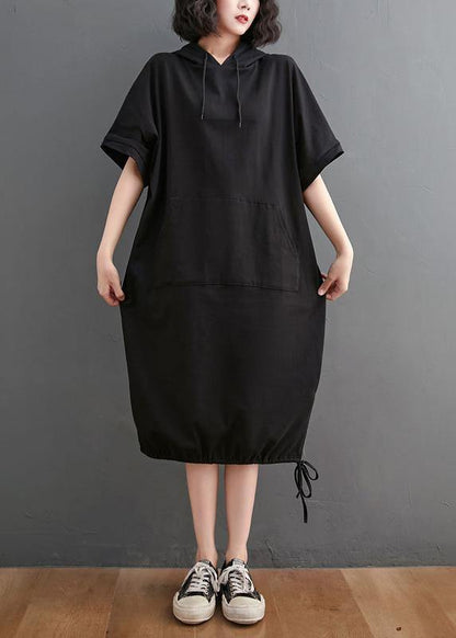 Black Hooded Pockets Mid Summer Cotton Dress