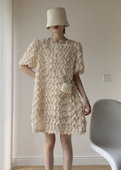 Apricot Patchwork Tulle Mid Dress Ruffled O-neck Puff Sleeve Summer