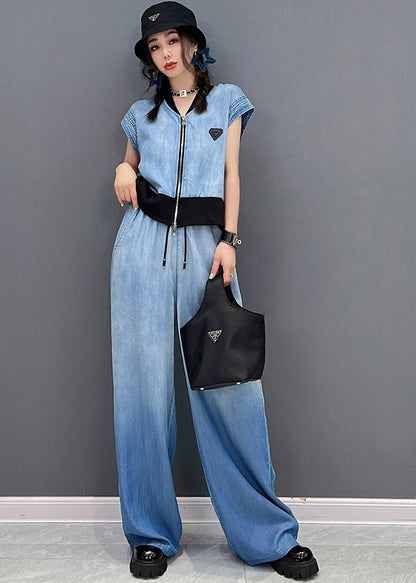 Blue Up V Neck Zip Coats and Long Pants Two Piece Set Summer