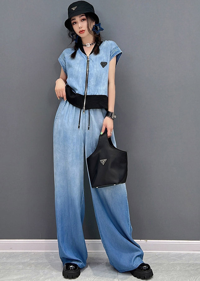 Blue Up V Neck Zip Coats and Long Pants Two Piece Set Summer