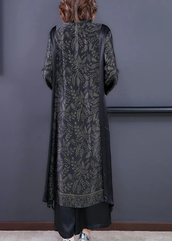 Black Print Button Silk Long Shirts and Wide Leg Pants Two Piece Set Long Sleeve