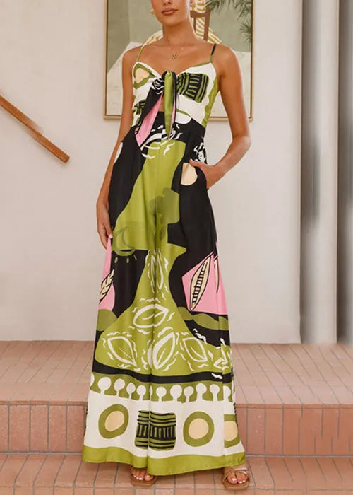 Green Print Zippered Pockets Cotton Wide Leg Jumpsuit Sleeveless