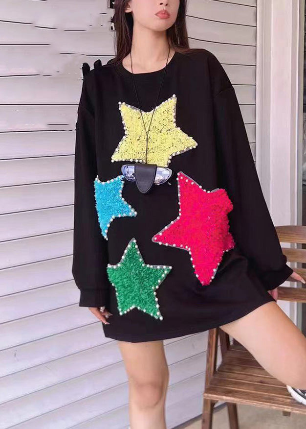 Italian Black O-neck Nail Bead Patchwork Sweatshirts Fall