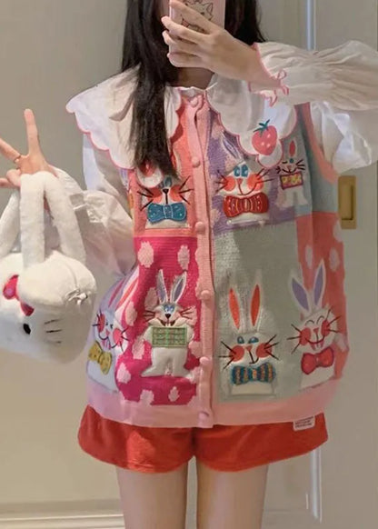 Animal Print Button Pink Cotton Knit Waistcoat and White Shirts Two Pieces Set Long Sleeve