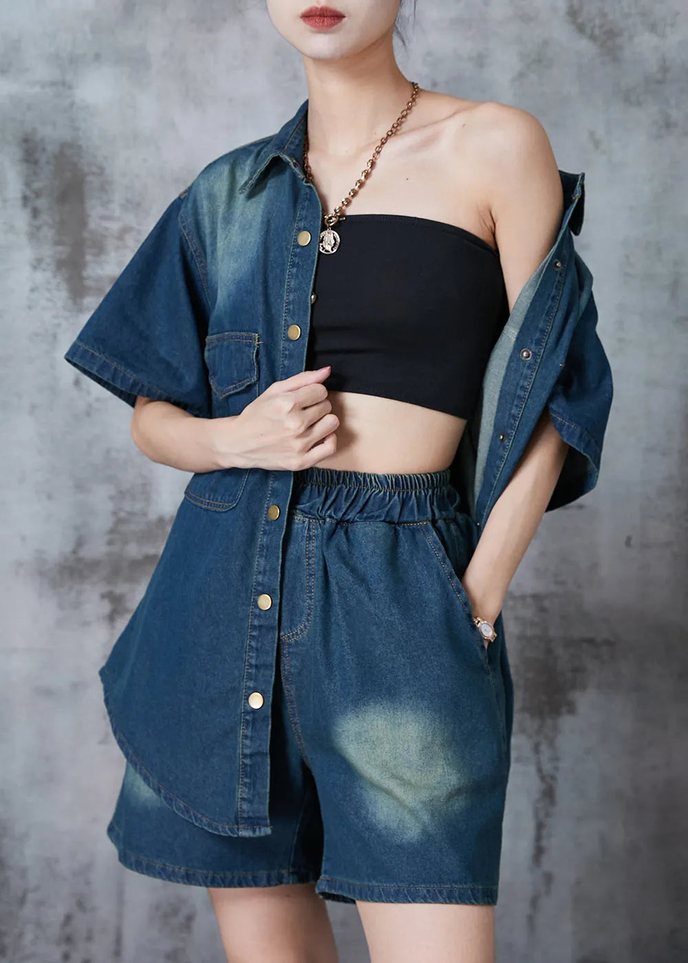 Modern Navy Oversized Denim Sets 2 Pieces Summer