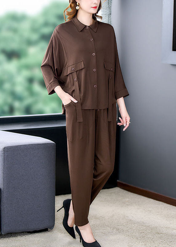 Classy Chocolate Peter Pan Collar Button Two Piece Set Clothing Outfit Fall